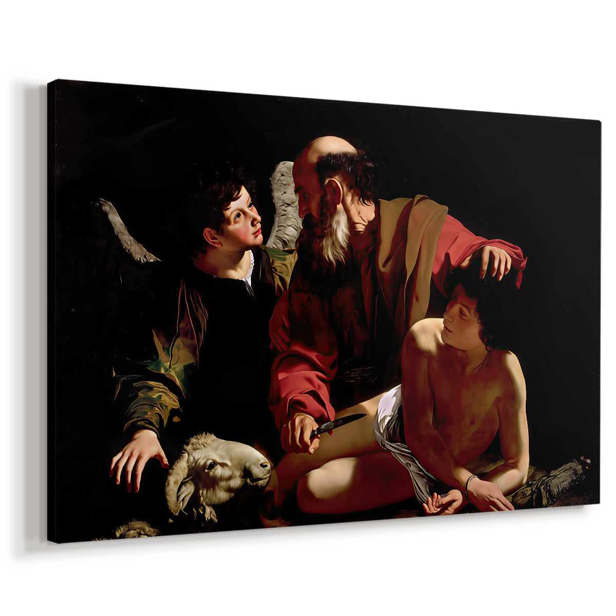 Canvas art print featuring a biblical scene of father about to sacrifice son as angel restrains him, displayed at an angle