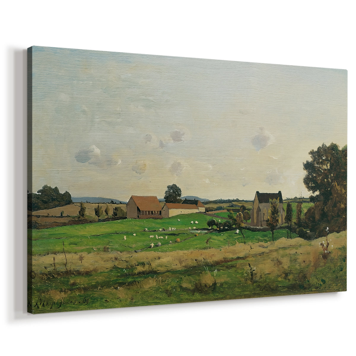 Canvas art print featuring a countryside property with architecture and natural setting, displayed at an angle