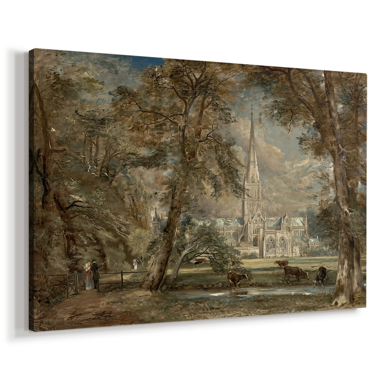 Canvas art print featuring an architectural landmark in countryside, displayed at an angle