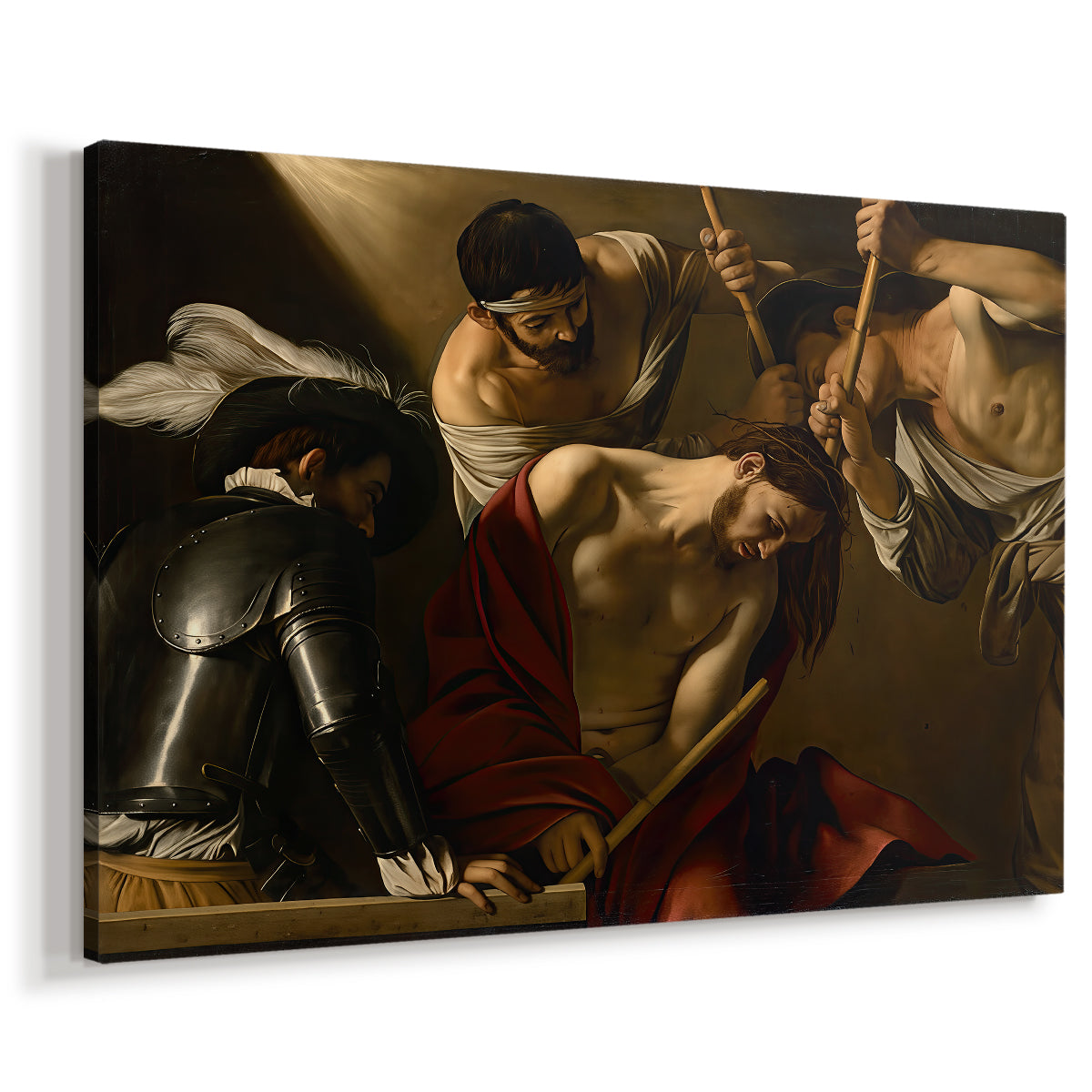 Canvas art print featuring a biblical scene of Christ being mocked and crowned with thorns, displayed at an angle