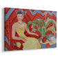 Canvas art print featuring an expressive portrait of a woman against a patterned background, displayed at an angle