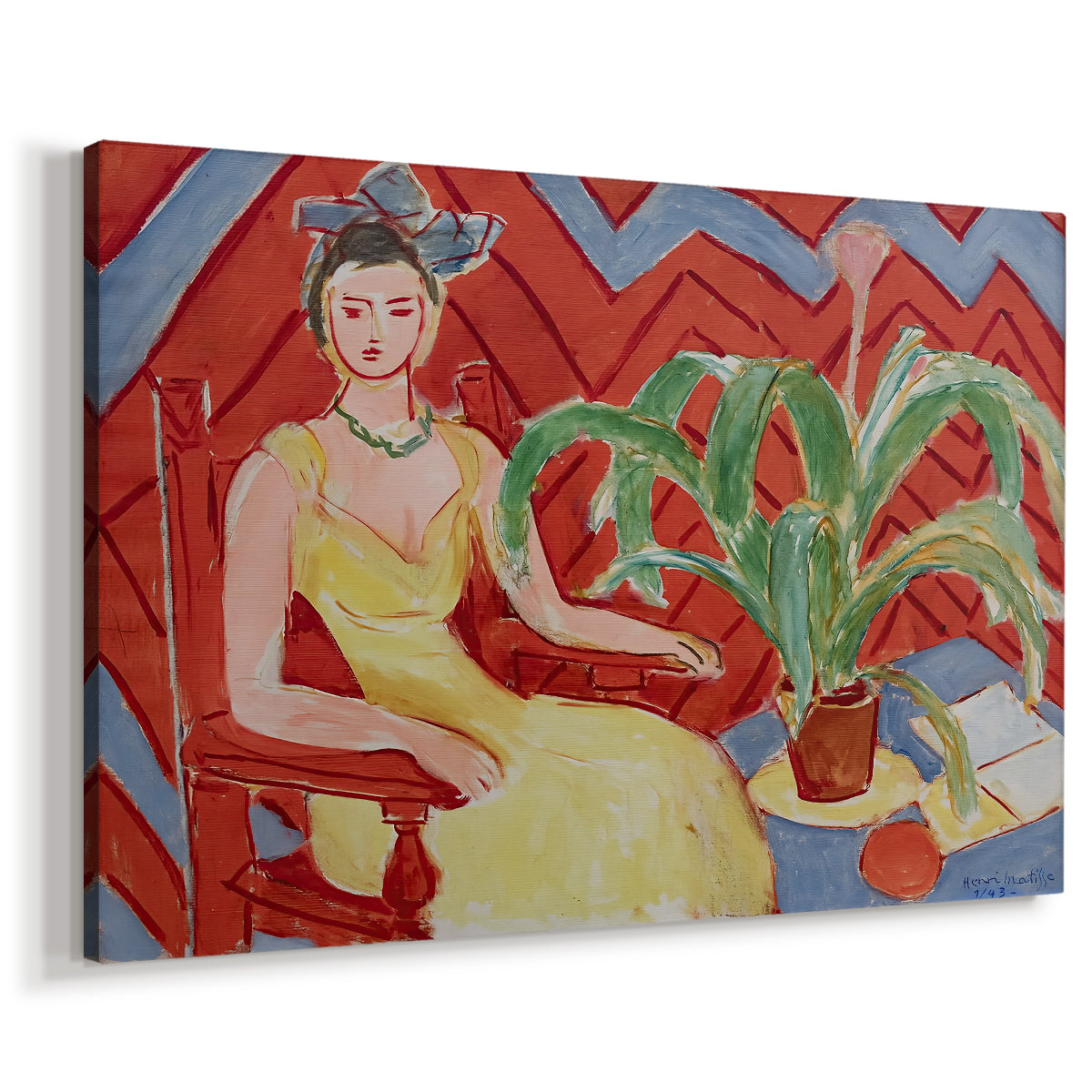 Canvas art print featuring an expressive portrait of a woman against a patterned background, displayed at an angle