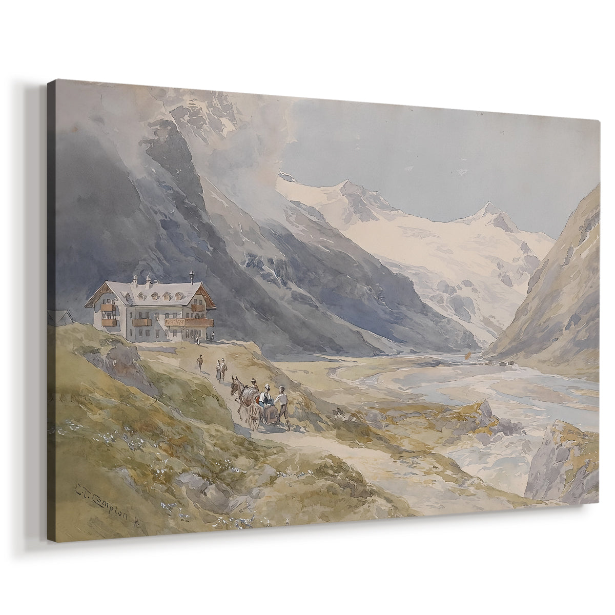 Canvas art print featuring a pastoral mountain scene with figures tending livestock, displayed at an angle