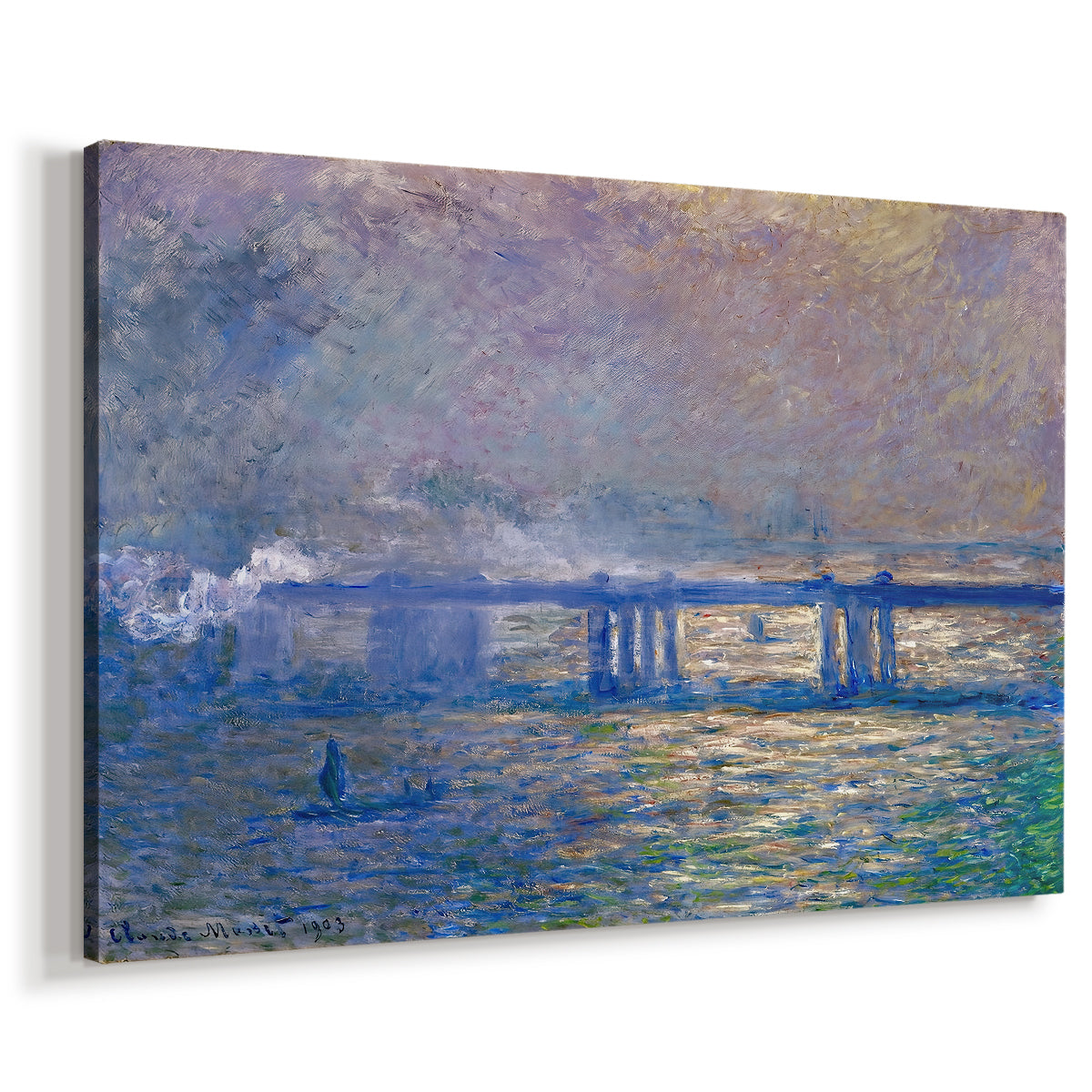 Canvas art print featuring an urban landscape with bridge and water rendered in blurred tones, displayed at an angle