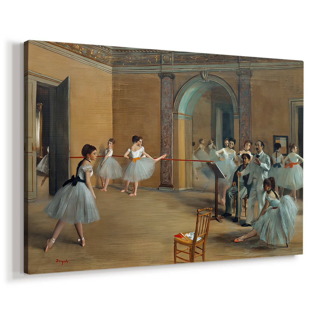 Canvas art print featuring an interior scene of dancers waiting and stretching in large studio, displayed at an angle