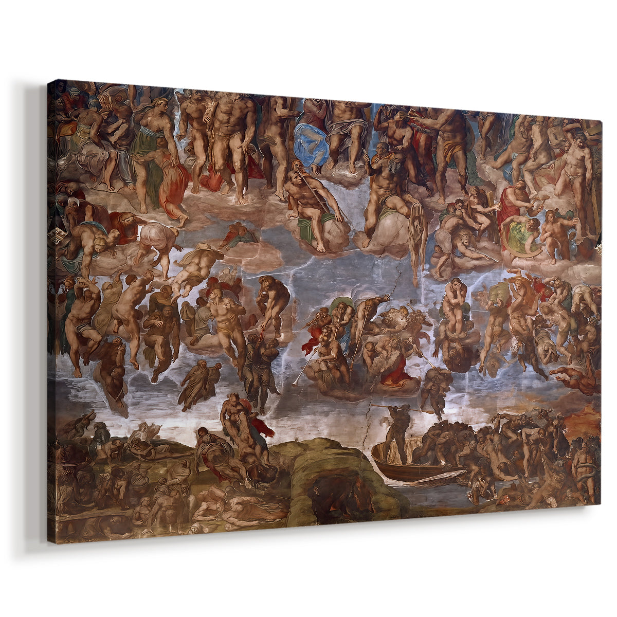 Canvas art print featuring a classical depiction of figures in motion, displayed at an angle
