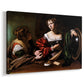 Canvas art print featuring a biblical scene of Martha speaking to Mary Magdalene indoors, displayed at an angle