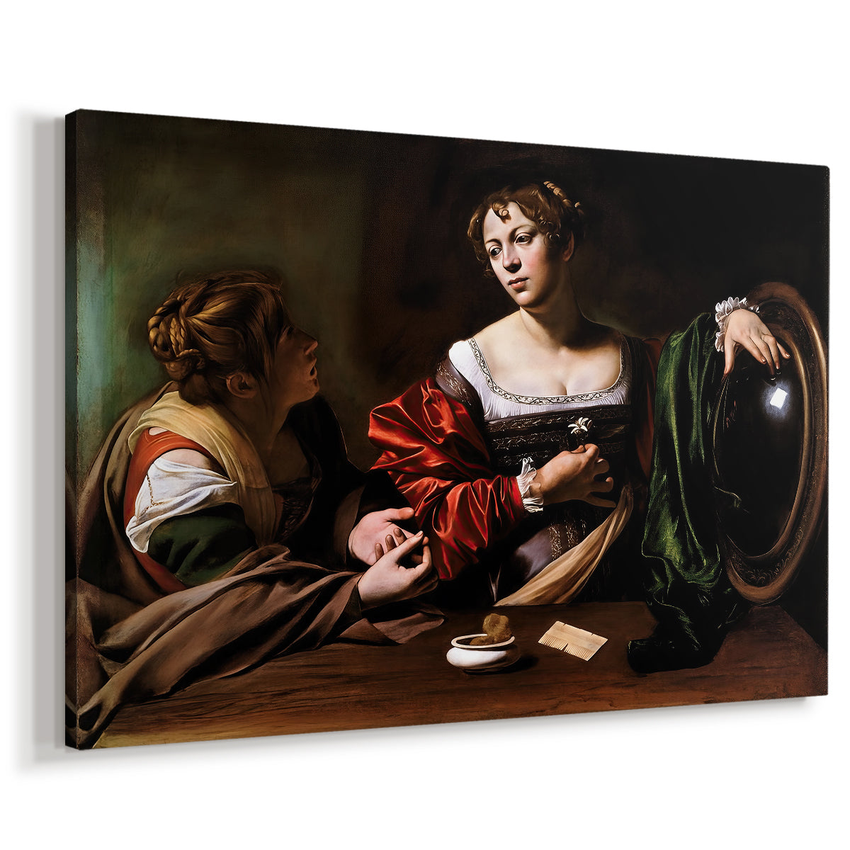 Canvas art print featuring a biblical scene of Martha speaking to Mary Magdalene indoors, displayed at an angle
