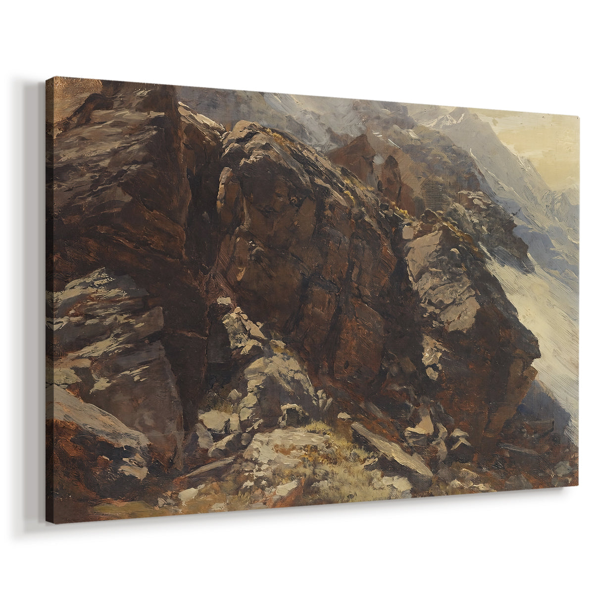 Canvas art print featuring a detailed study of rugged mountain landscape with sharp contours, displayed at an angle