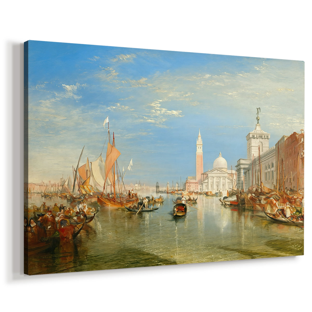 Canvas art print featuring a cityscape with architecture and canal, displayed at an angle