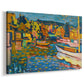 Canvas art print featuring an expressive composition blending water, land, and vessels, displayed at an angle