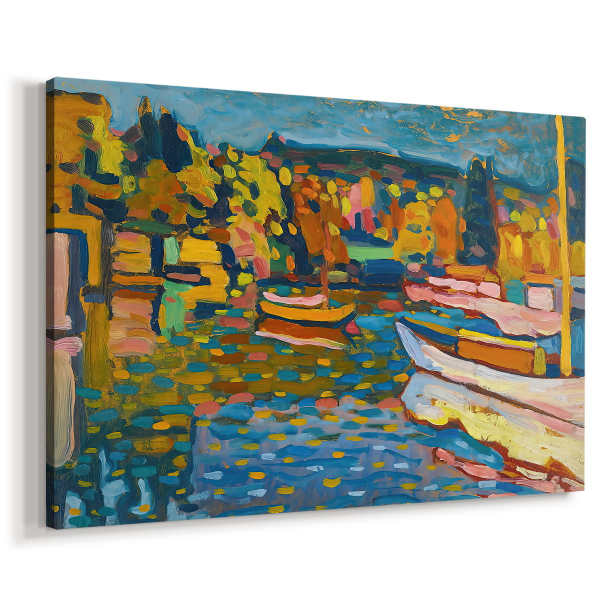 Canvas art print featuring an expressive composition blending water, land, and vessels, displayed at an angle