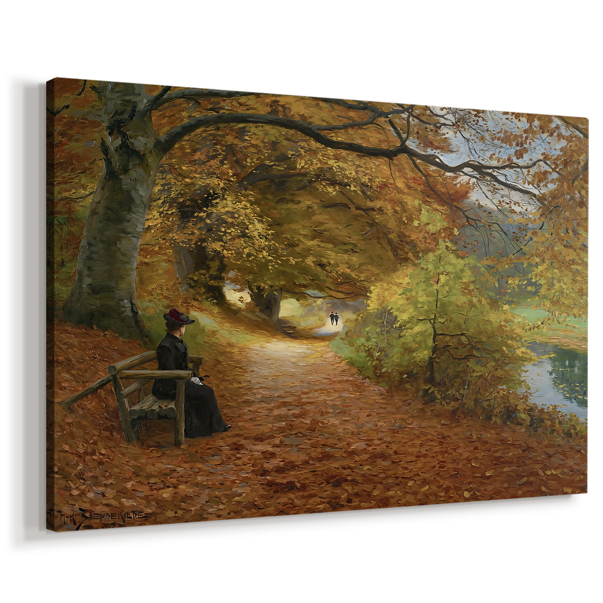 Canvas art print featuring a rustic woodland scene with people moving through fall landscape, displayed at an angle