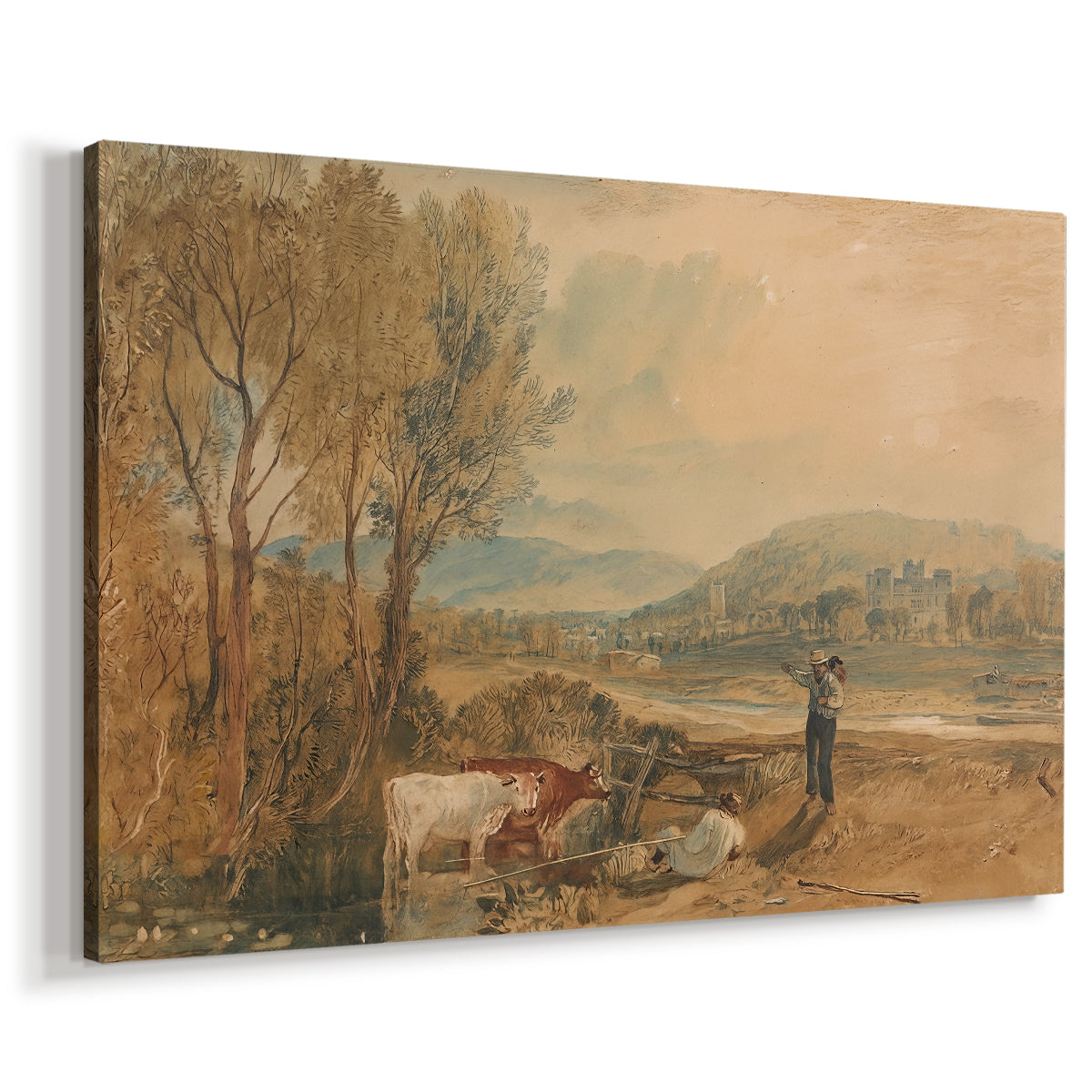 Canvas art print featuring an architectural landmark in rural terrain, displayed at an angle