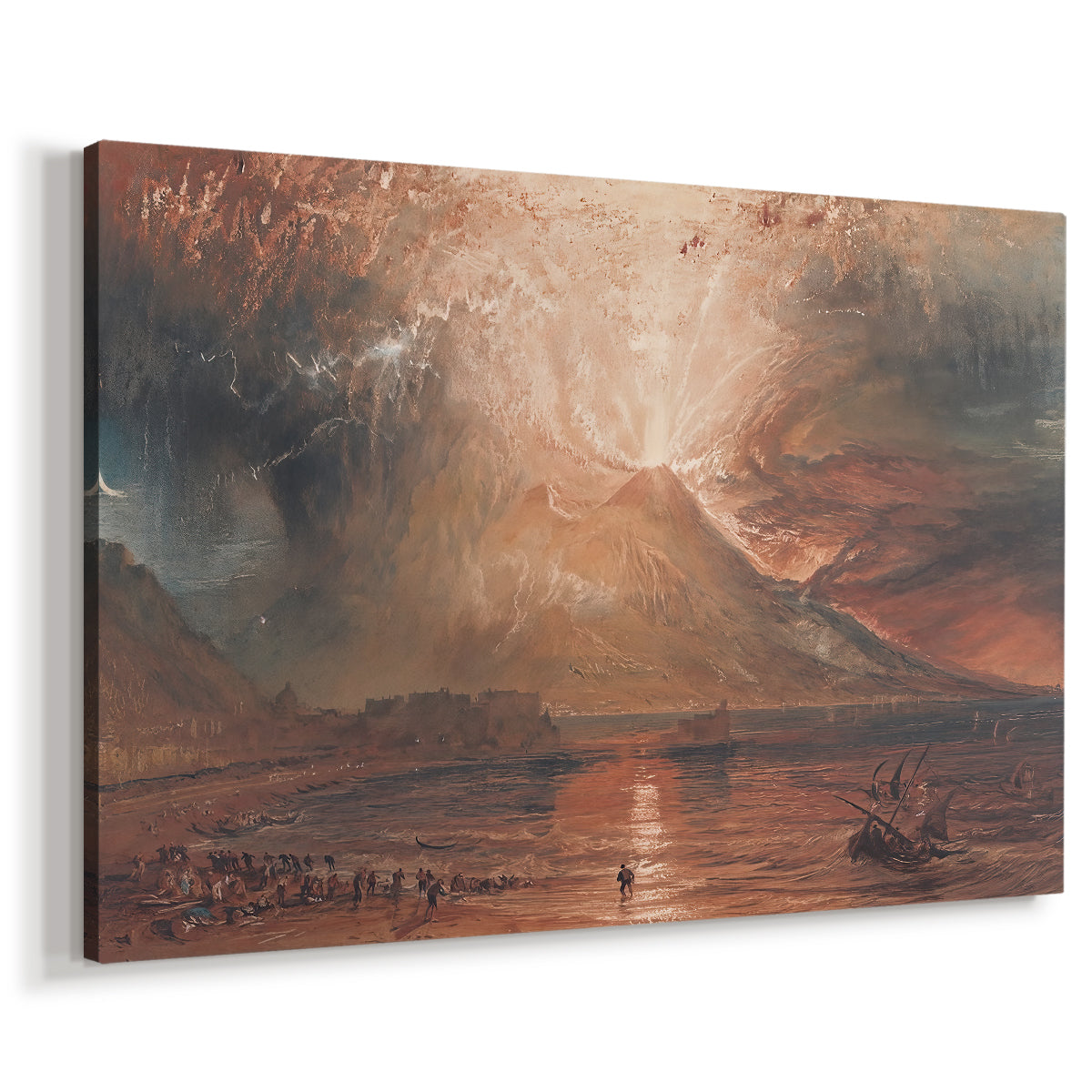 Canvas art print featuring a dramatic natural scene with fire and ash, displayed at an angle