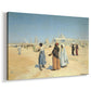 Canvas art print featuring an expansive desert landscape with people and architectural landmarks, displayed at an angle