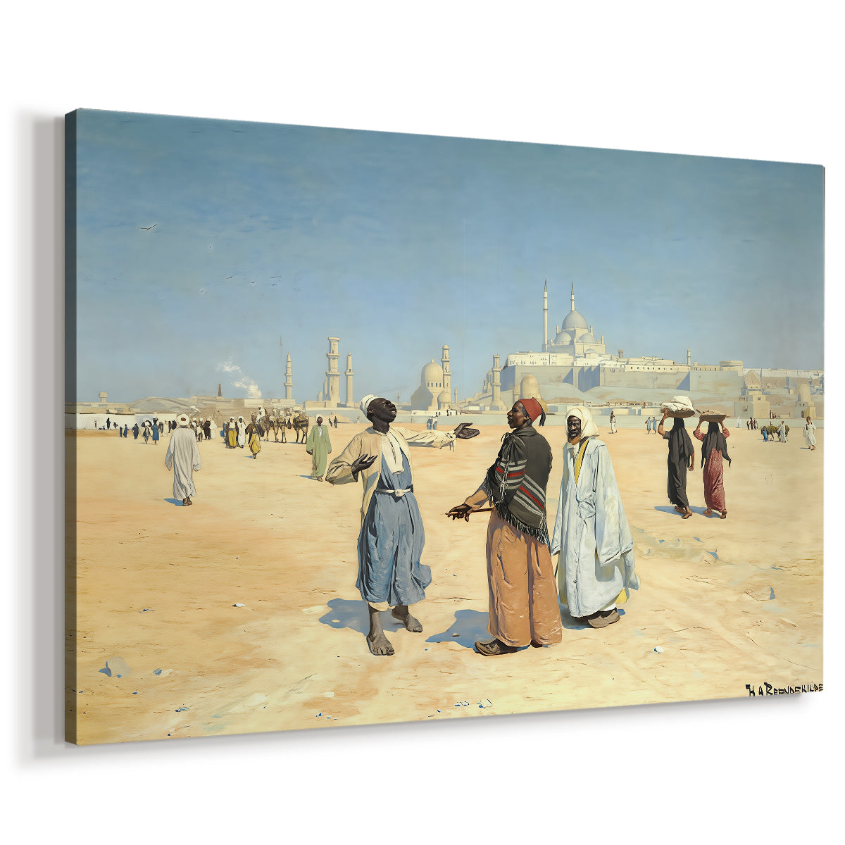 Canvas art print featuring an expansive desert landscape with people and architectural landmarks, displayed at an angle