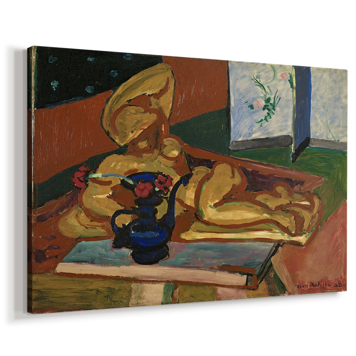 Canvas art print featuring a decorative tabletop arrangement with art objects, displayed at an angle