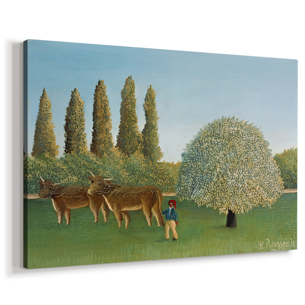 Canvas art print featuring a pastoral countryside with livestock scattered across field, displayed at an angle