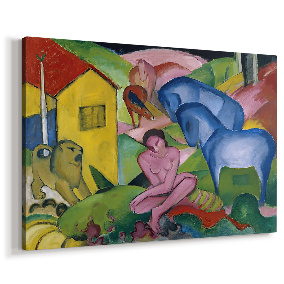 Canvas art print featuring an expressionist scene with overlapping forms and geometric shapes, displayed at an angle
