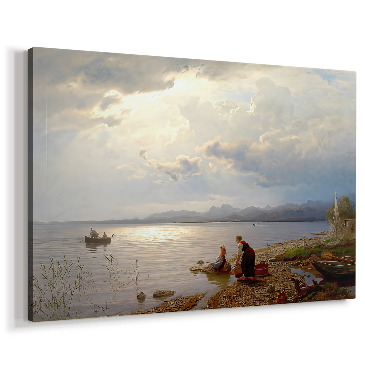 Canvas art print featuring a lakeside scene with people near water’s edge, displayed at an angle