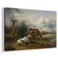Canvas art print featuring a pastoral animal scene with horses, displayed at an angle