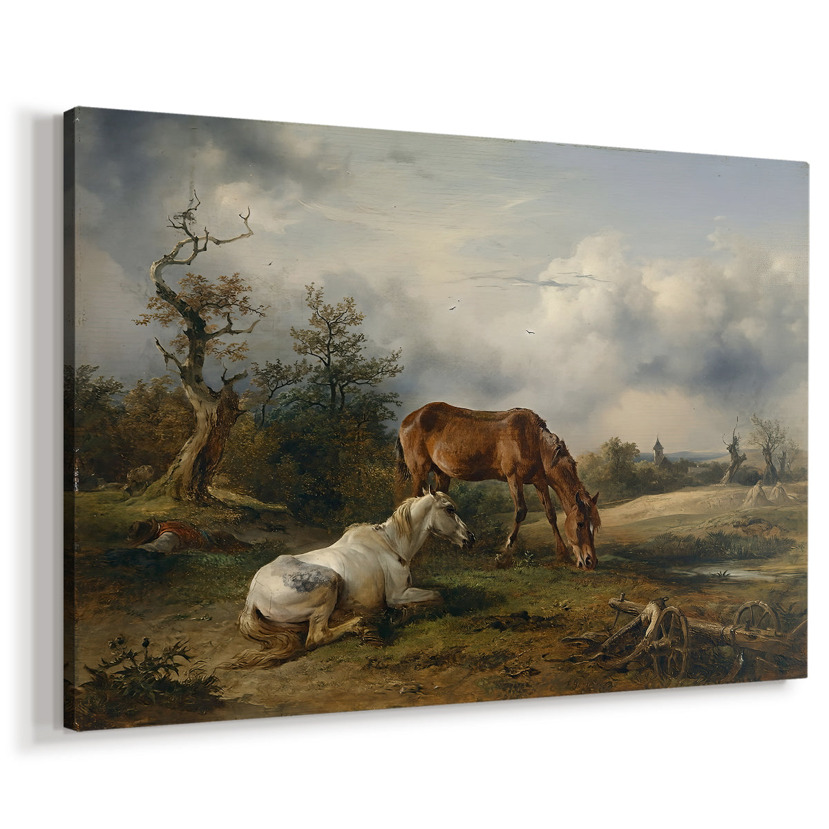 Canvas art print featuring a pastoral animal scene with horses, displayed at an angle