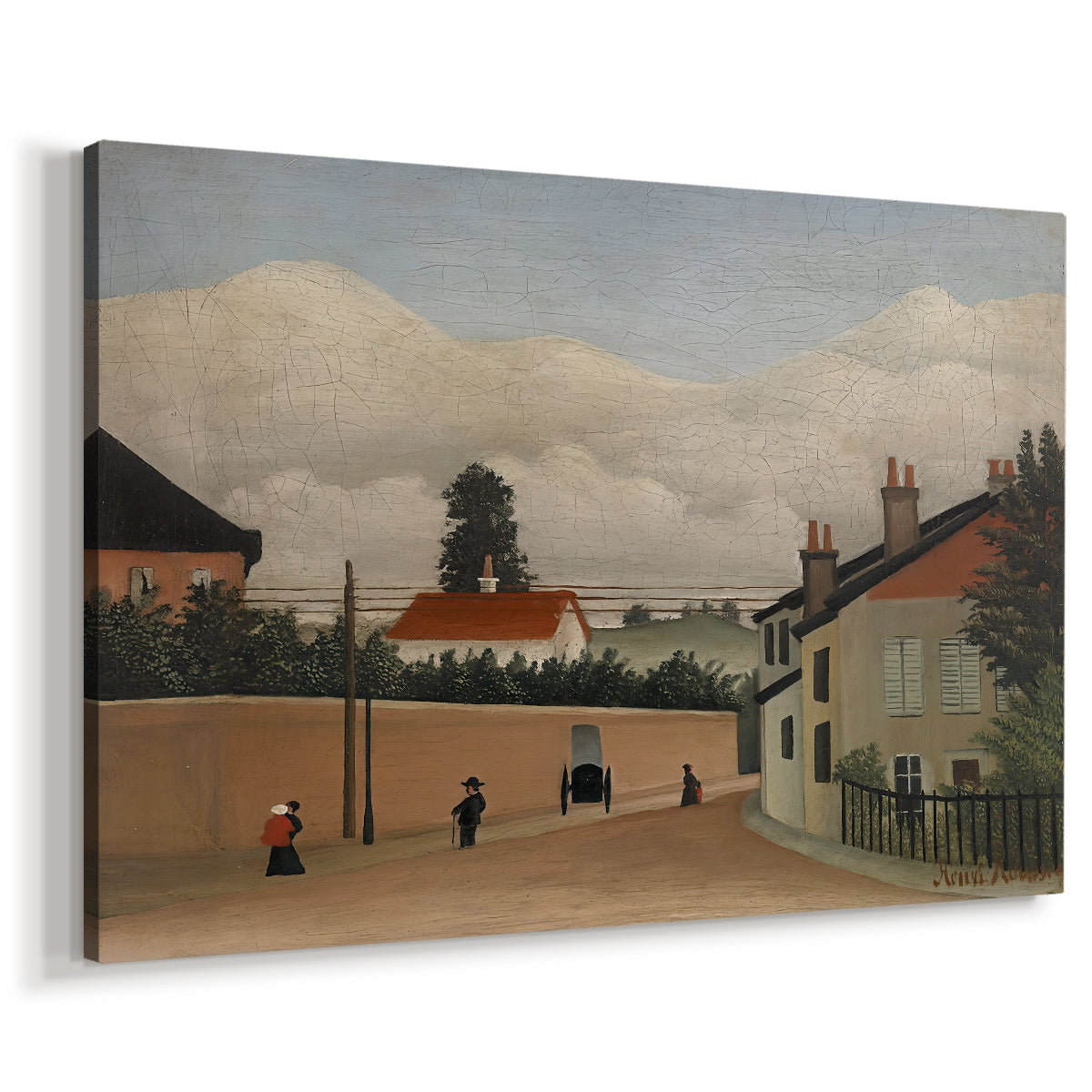 Canvas art print featuring a naïve city-edge scene with houses and surrounding land, displayed at an angle