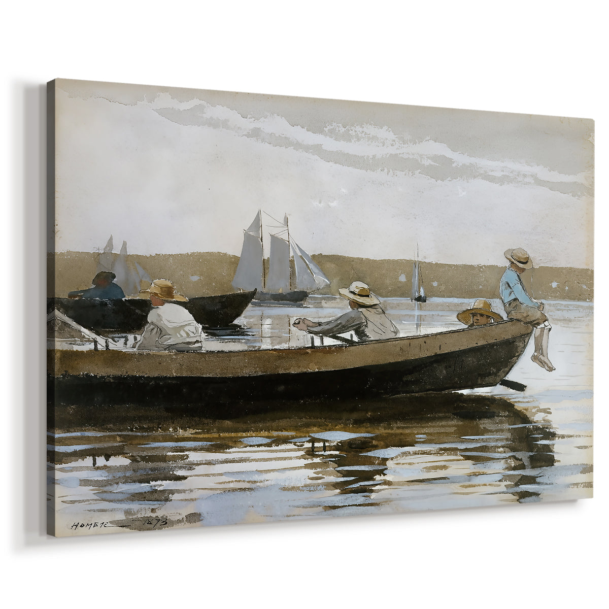 Canvas art print featuring an intimate scene with figures resting inside narrow vessel, displayed at an angle