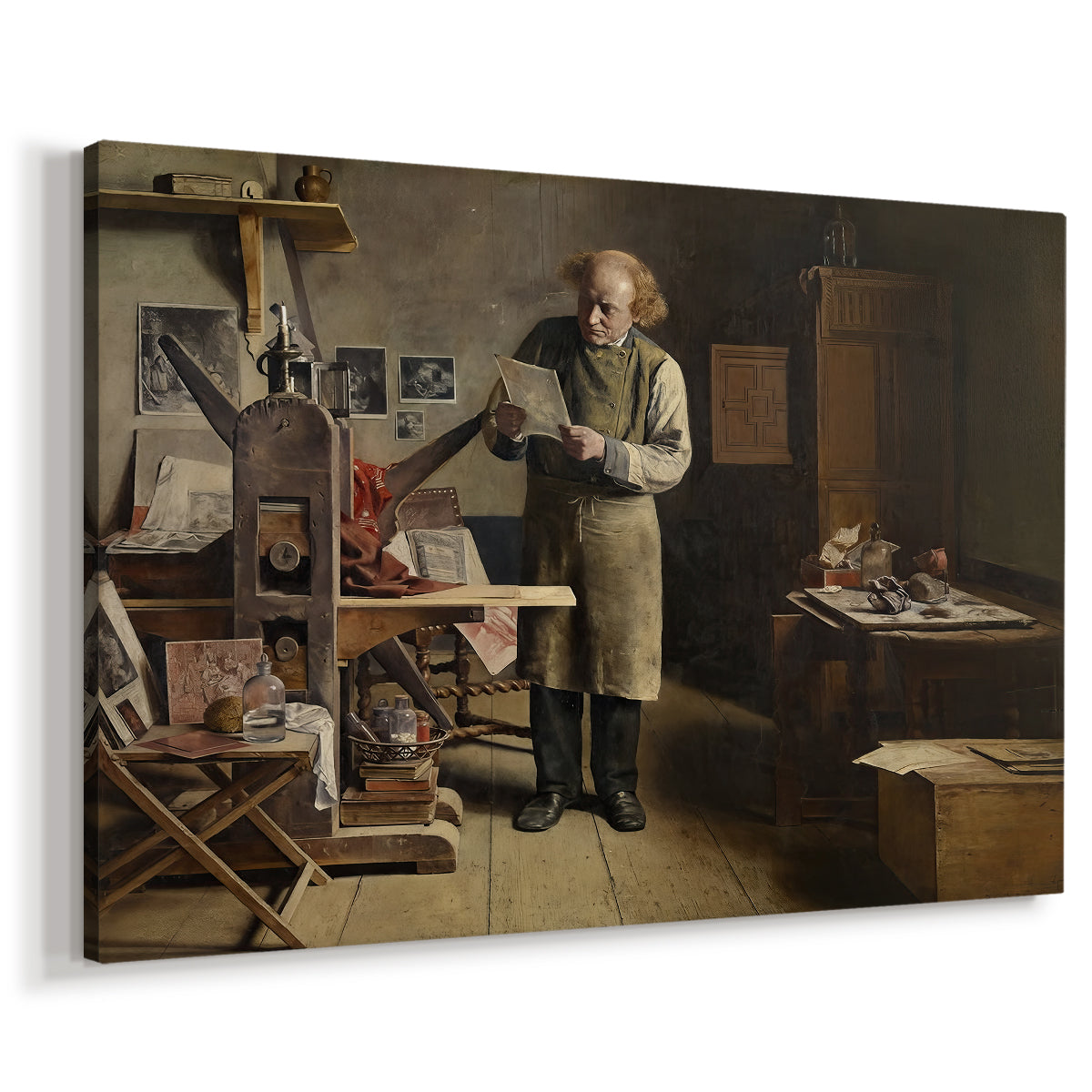 Canvas art print featuring a craftsman operating printing equipment in studio setting, displayed at an angle