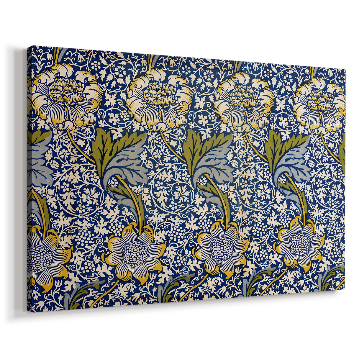Canvas art print featuring a textile design featuring animals among foliage in repeating arrangement, displayed at an angle