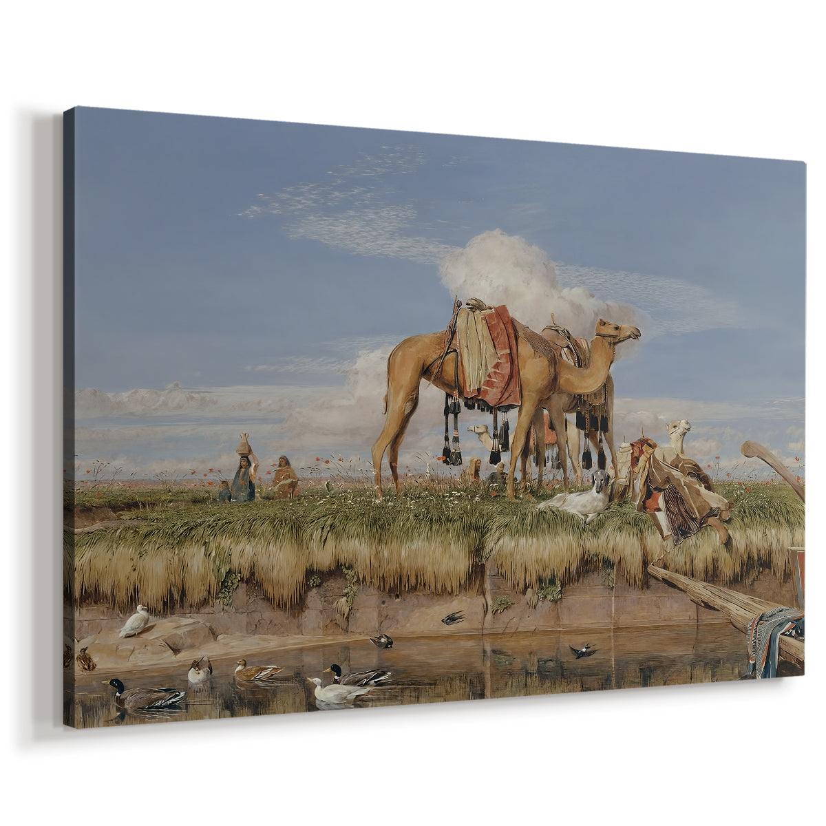 Canvas art print featuring a cultural scene near Nile with distant terrain, displayed at an angle