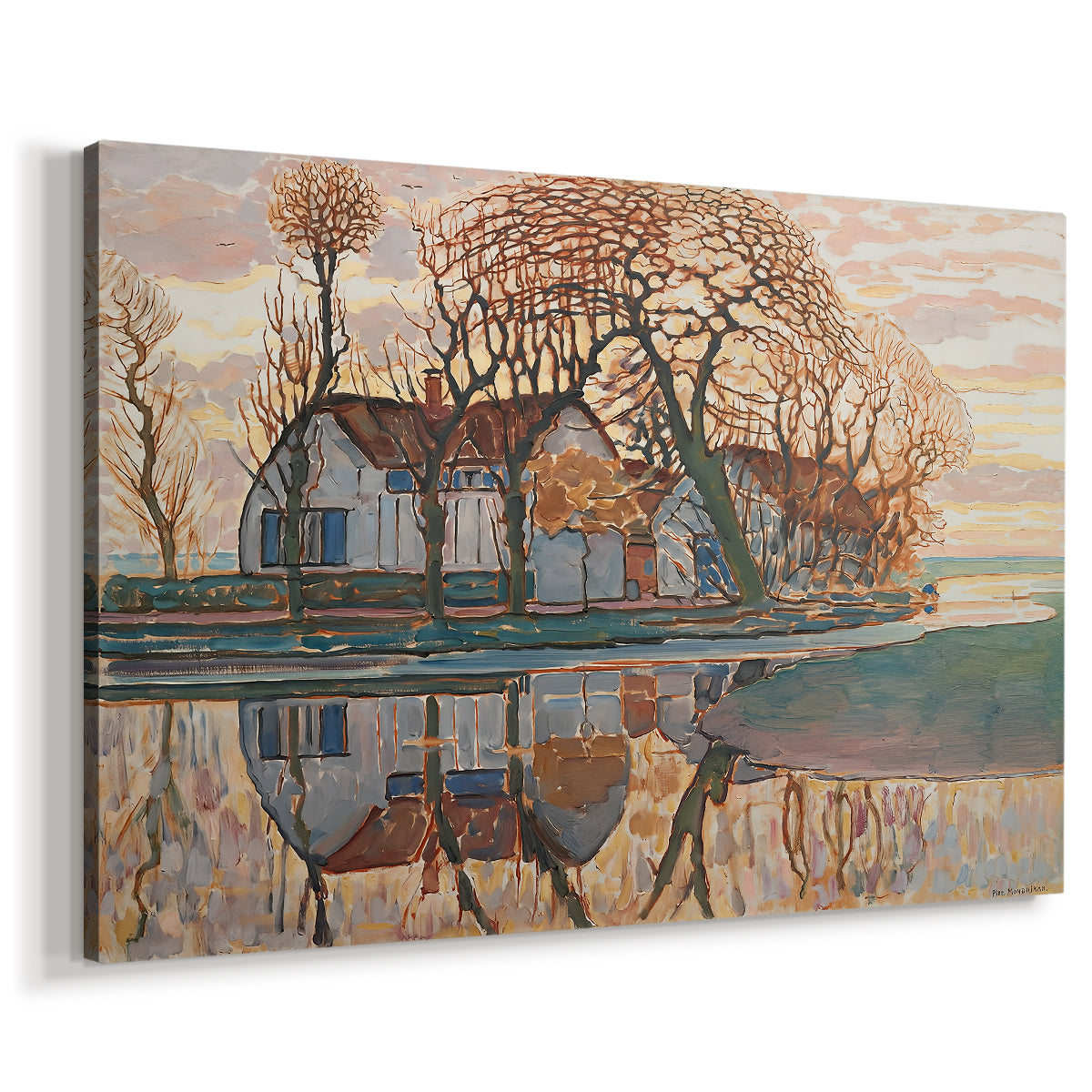 Canvas art print featuring a rural scene with buildings and vegetation in expressive color, displayed at an angle