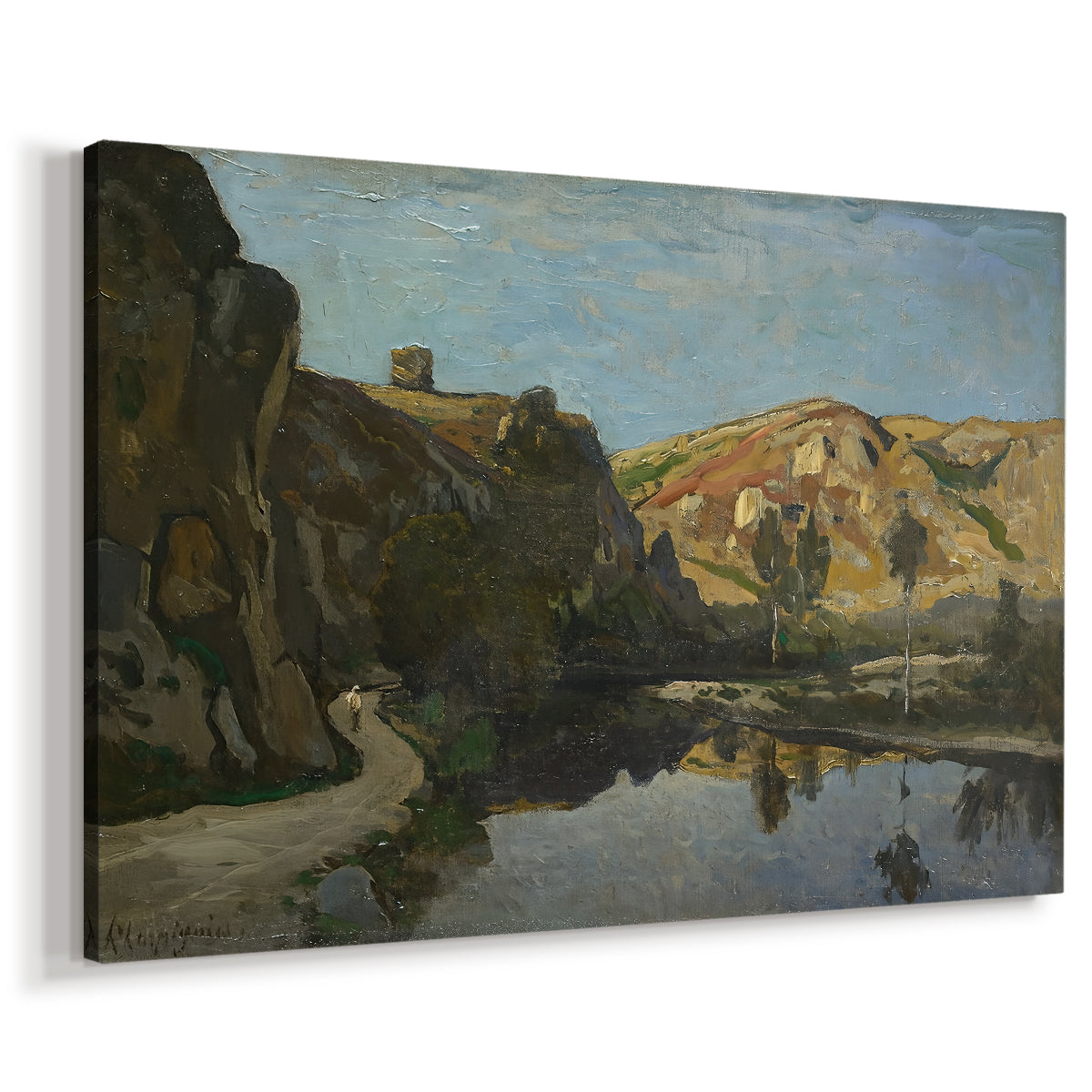 Canvas art print featuring a natural landscape with water and elevated rock formations, displayed at an angle