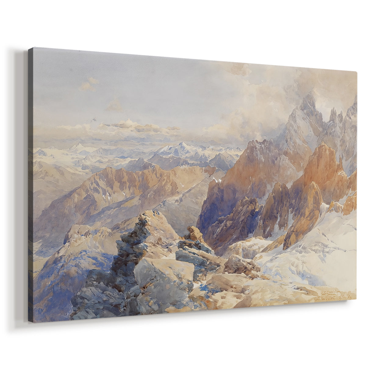 Canvas art print featuring a high mountain landscape featuring dramatic ridges and glacier terrain, displayed at an angle