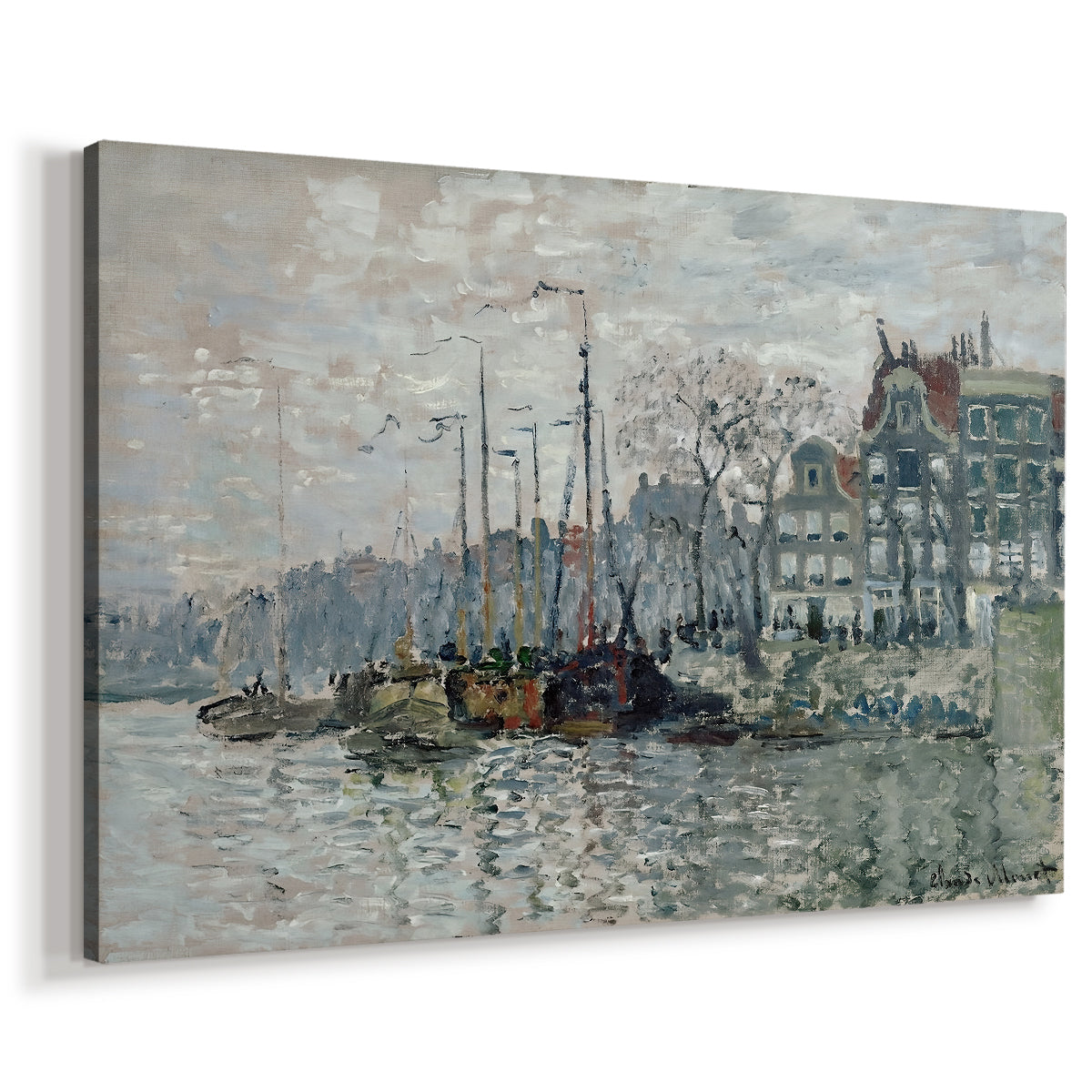 Canvas art print featuring an impressionist cityscape of canal with ships and architecture, displayed at an angle