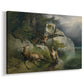 Canvas art print featuring a wildlife scene with predator birds and fallen animal, displayed at an angle