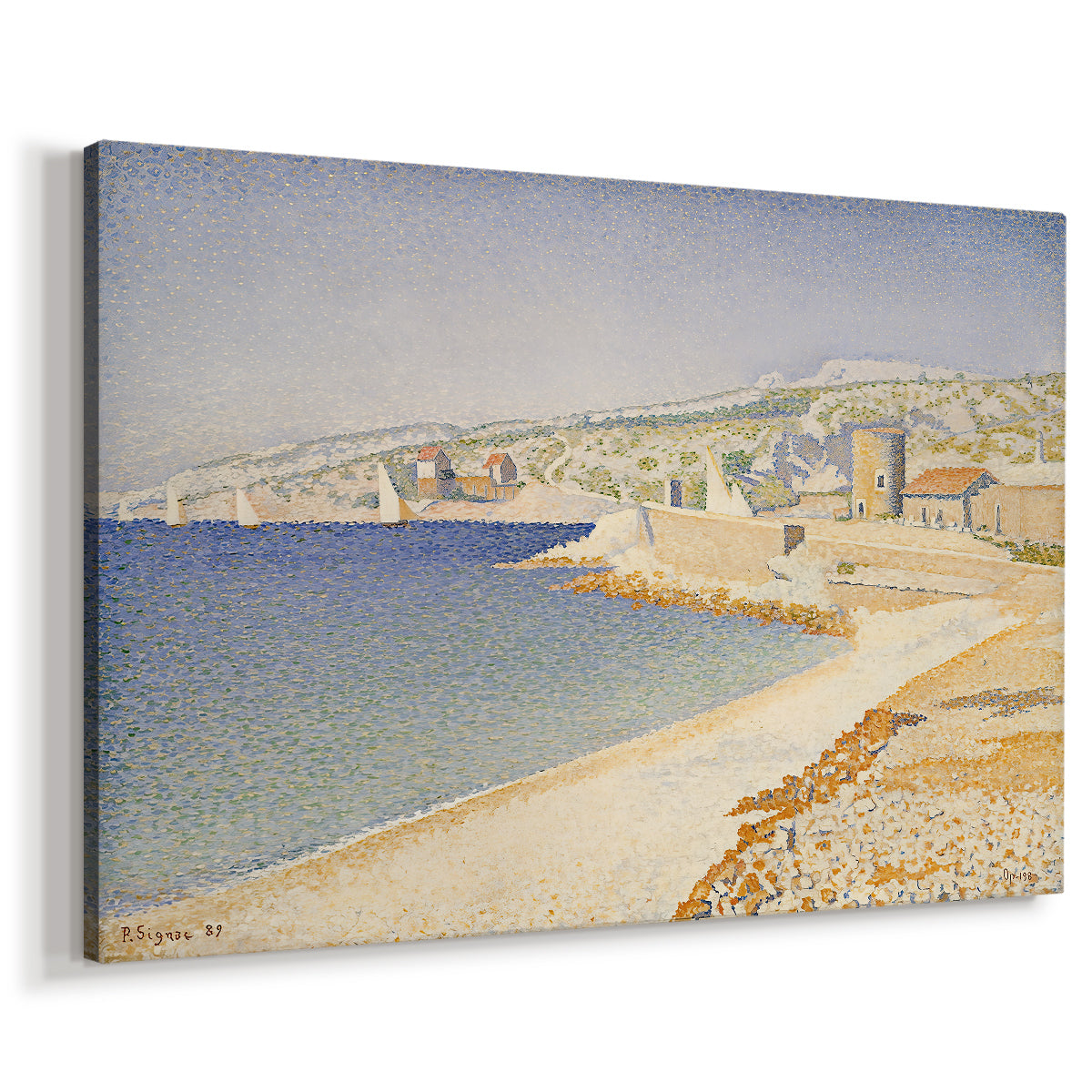 Canvas art print featuring a seaside scene with pier, displayed at an angle