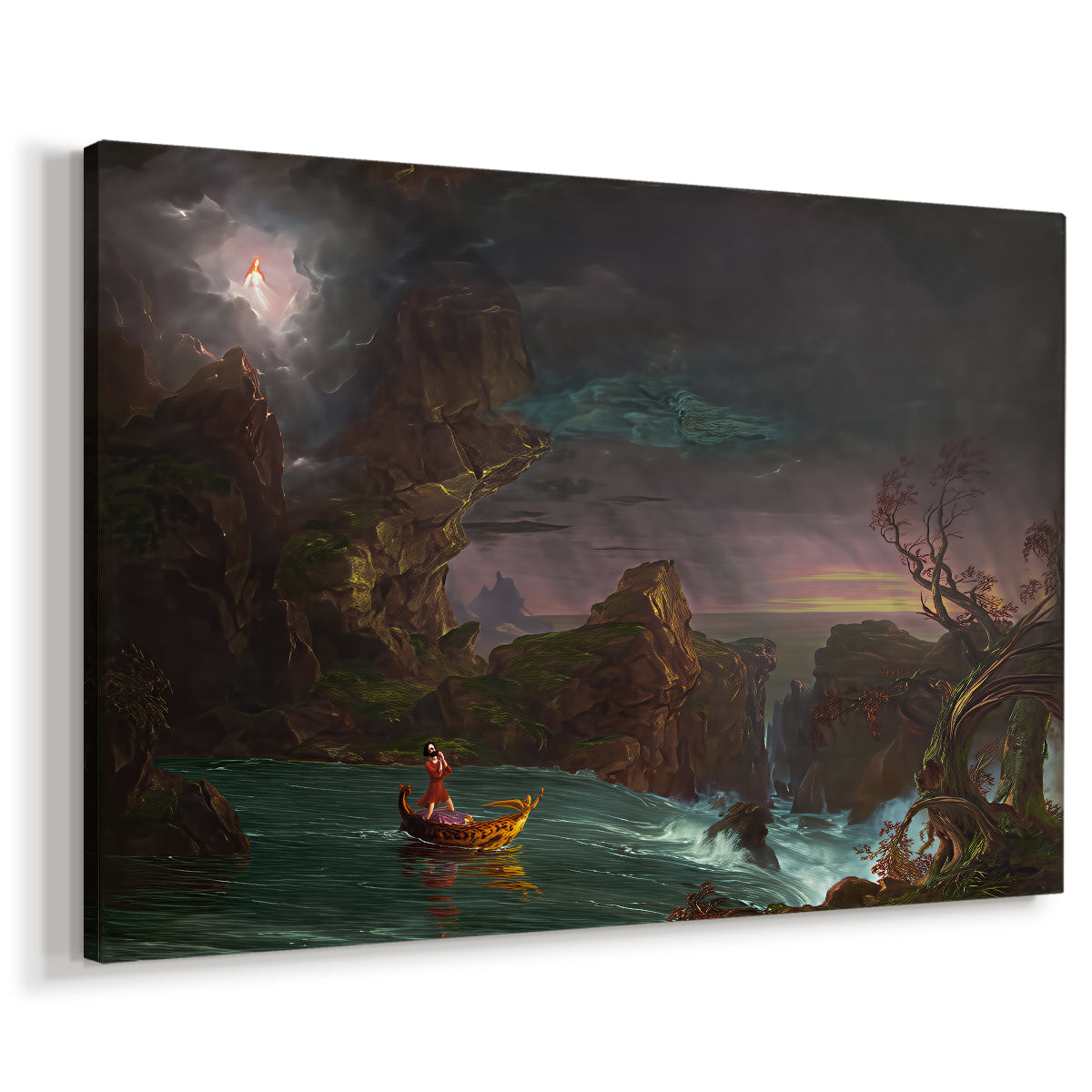 Canvas art print featuring a lone figure navigating river through dramatic landscape under dark sky, displayed at an angle