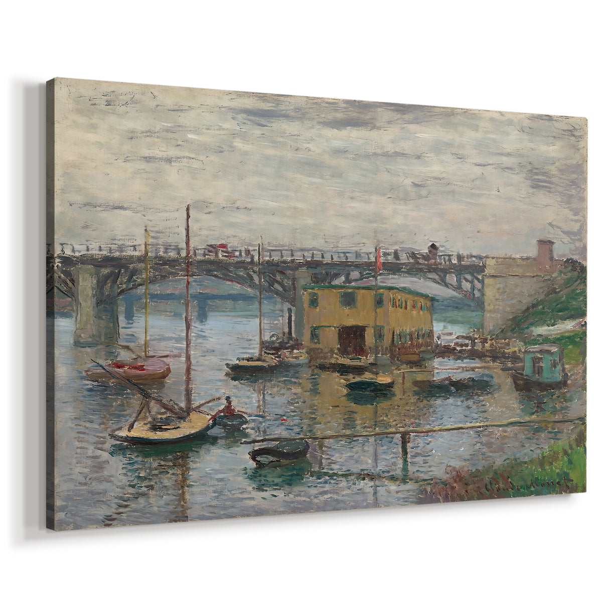 Canvas art print featuring an impressionist riverscape with overcast atmosphere and soft tones, displayed at an angle