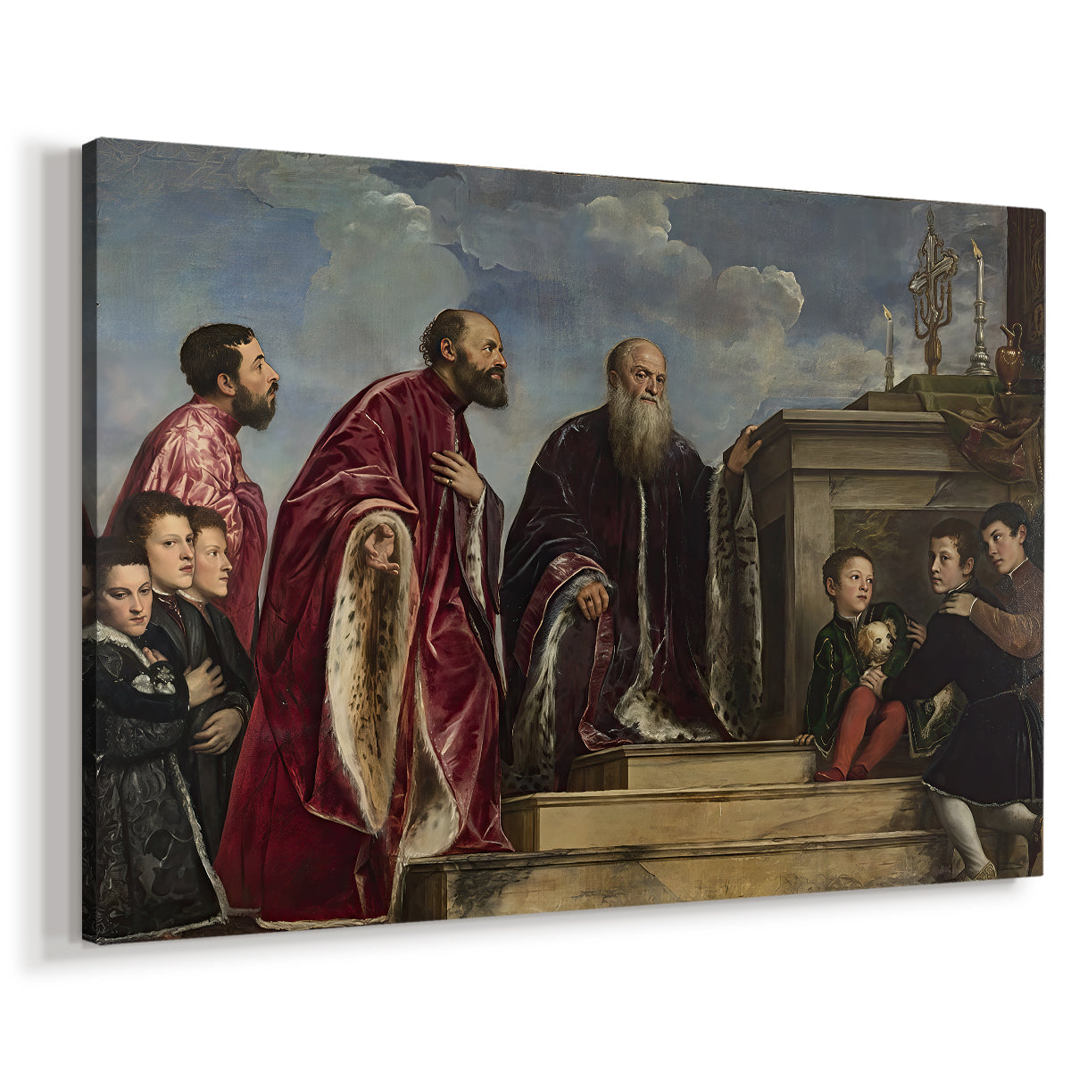 Canvas art print featuring a devotional portrait of multiple figures arranged around religious object, displayed at an angle