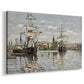 Canvas art print featuring an impressionist river scene with anchored sailing ships and reflections, displayed at an angle