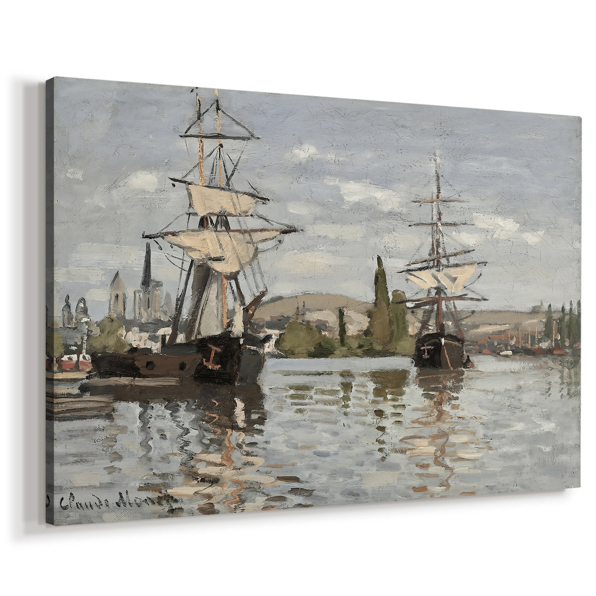 Canvas art print featuring an impressionist river scene with anchored sailing ships and reflections, displayed at an angle