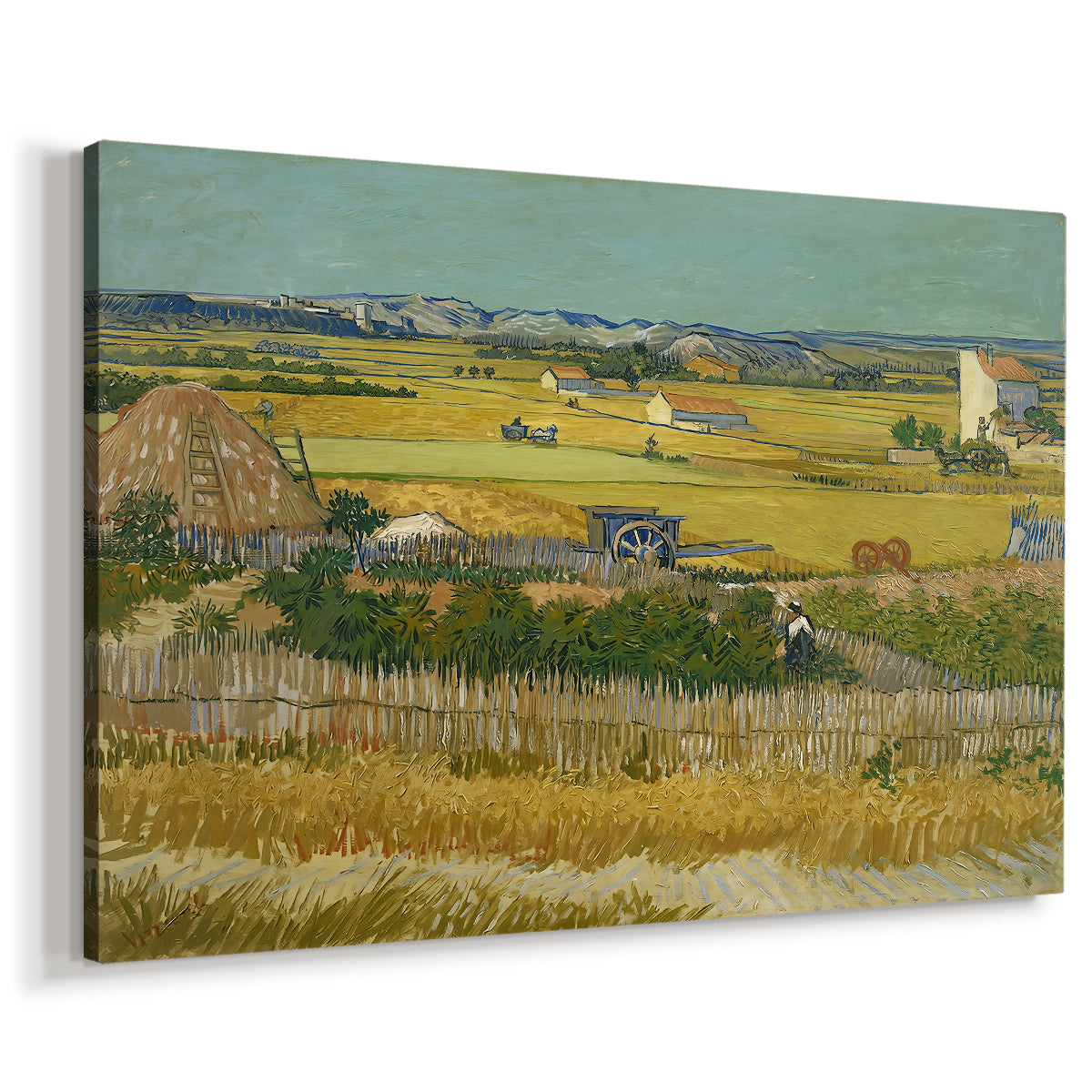 Canvas art print featuring a rural labor scene with fields and agricultural activity, displayed at an angle