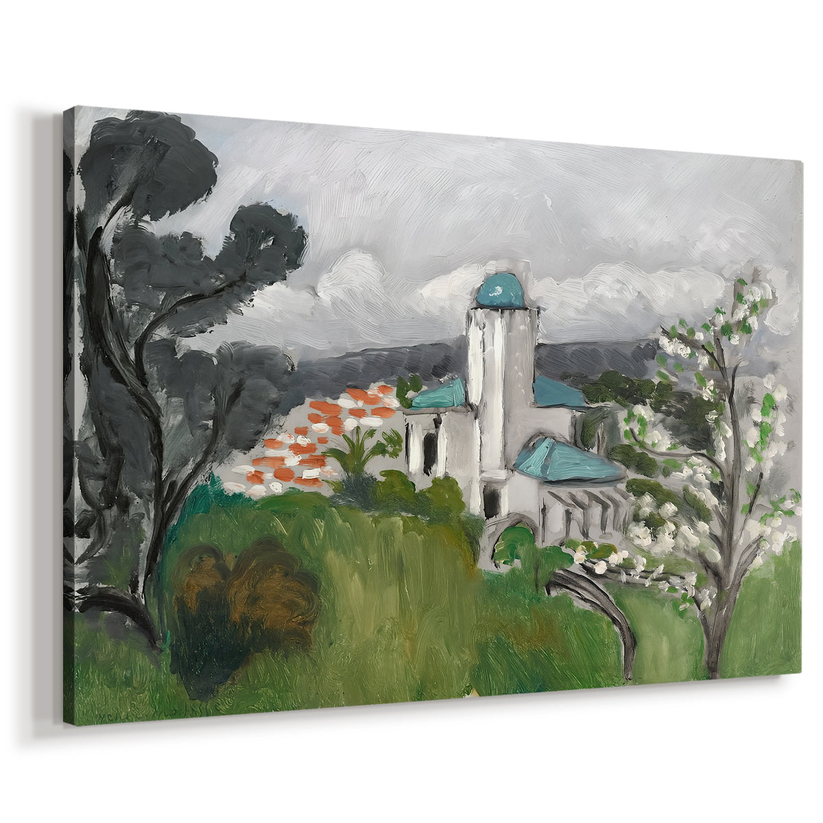 Canvas art print featuring an expressive view of a villa in a lush outdoor setting, displayed at an angle