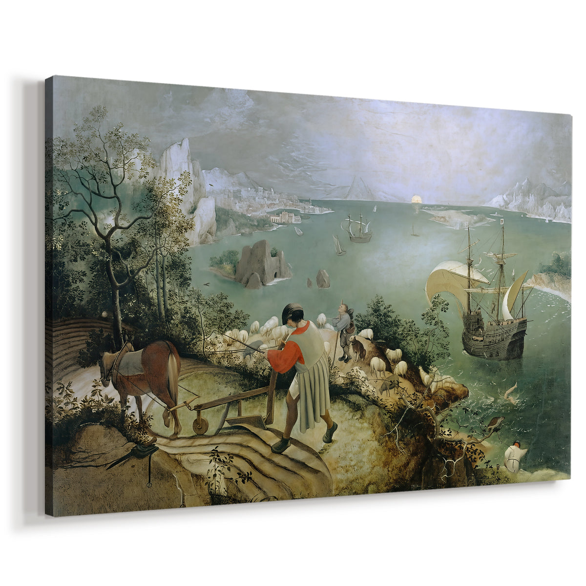 Canvas art print featuring a pastoral scene with subtle mythological event in background, displayed at an angle
