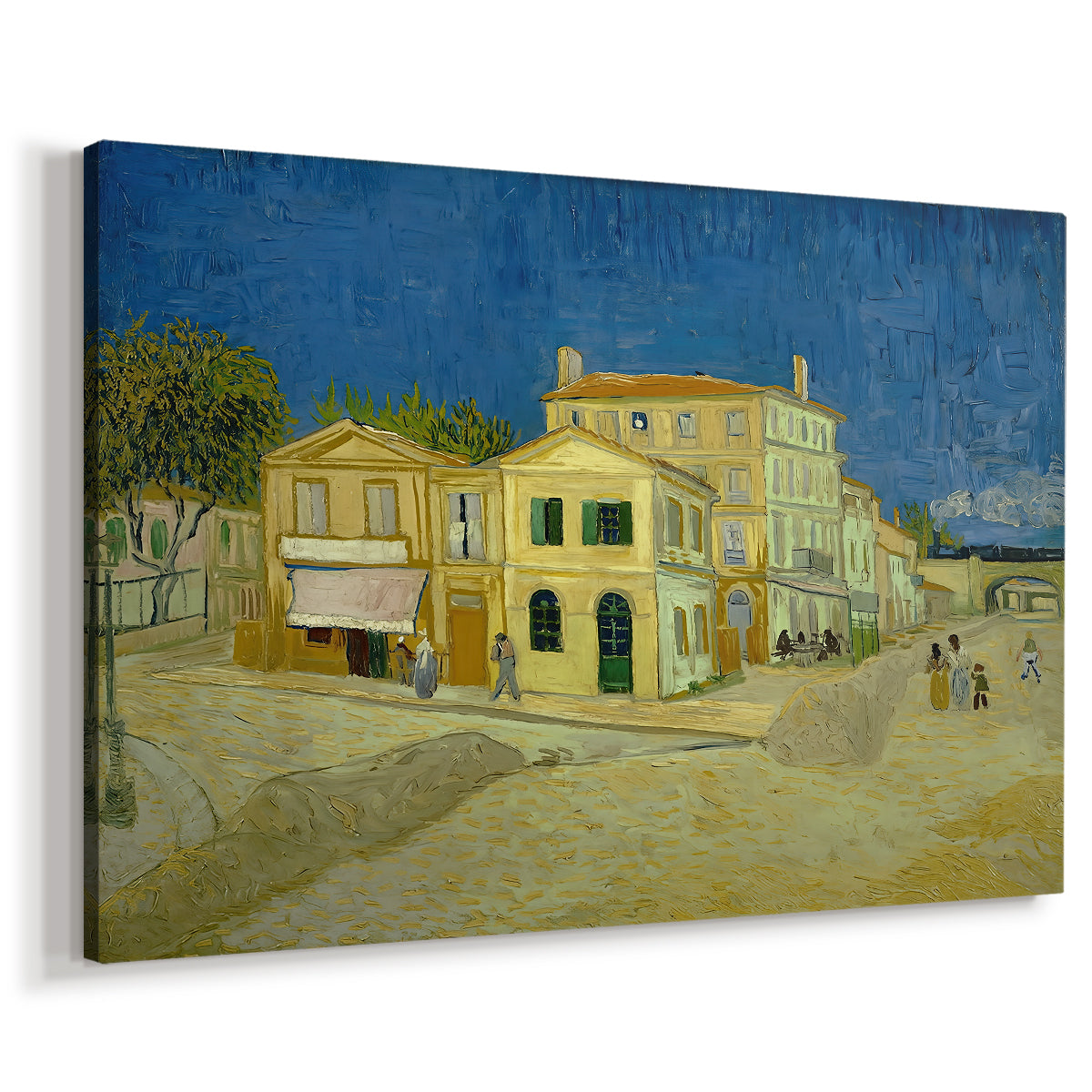 Canvas art print featuring an urban scene with bold-colored building along road, displayed at an angle