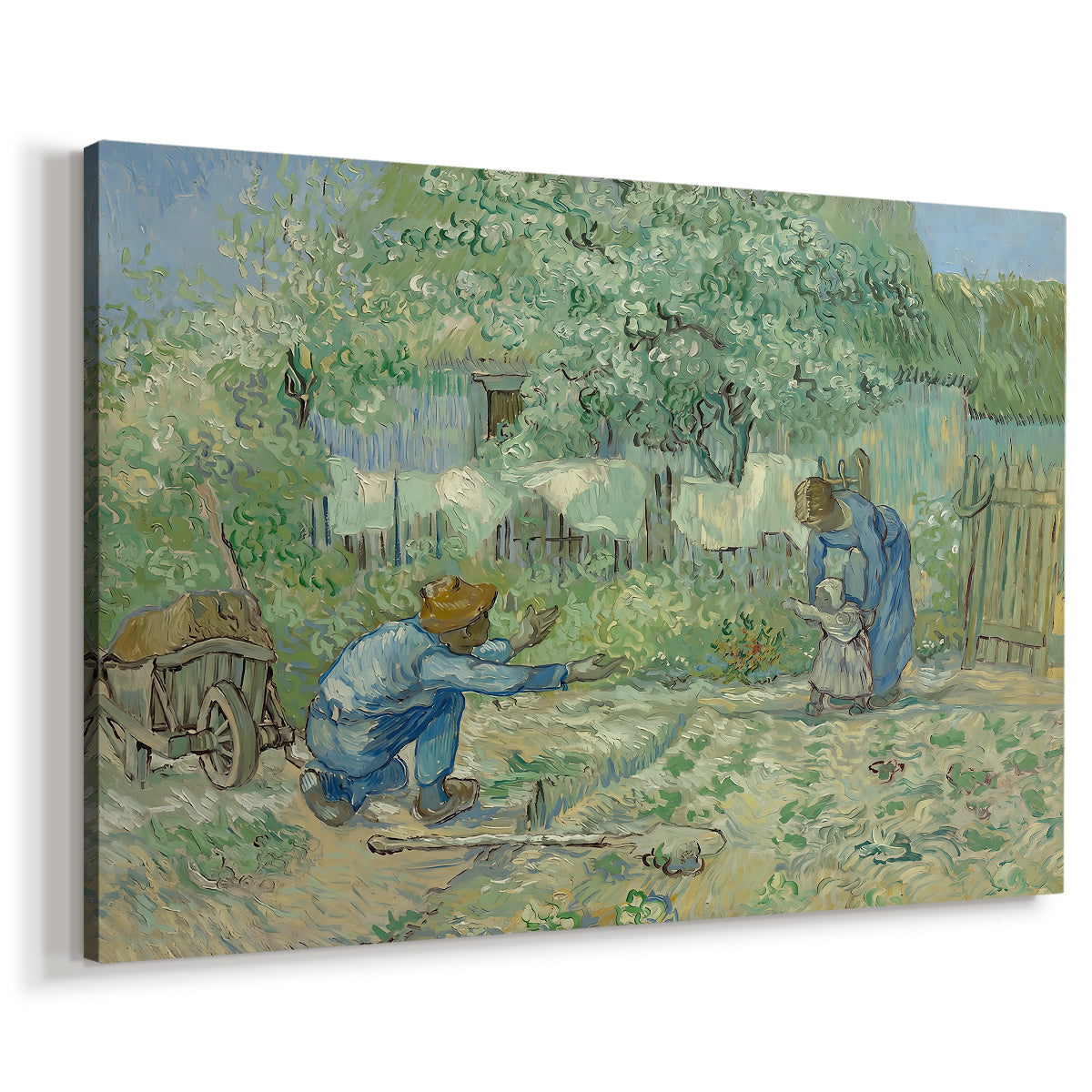 Canvas art print featuring an expressive depiction of family interaction in countryside, displayed at an angle