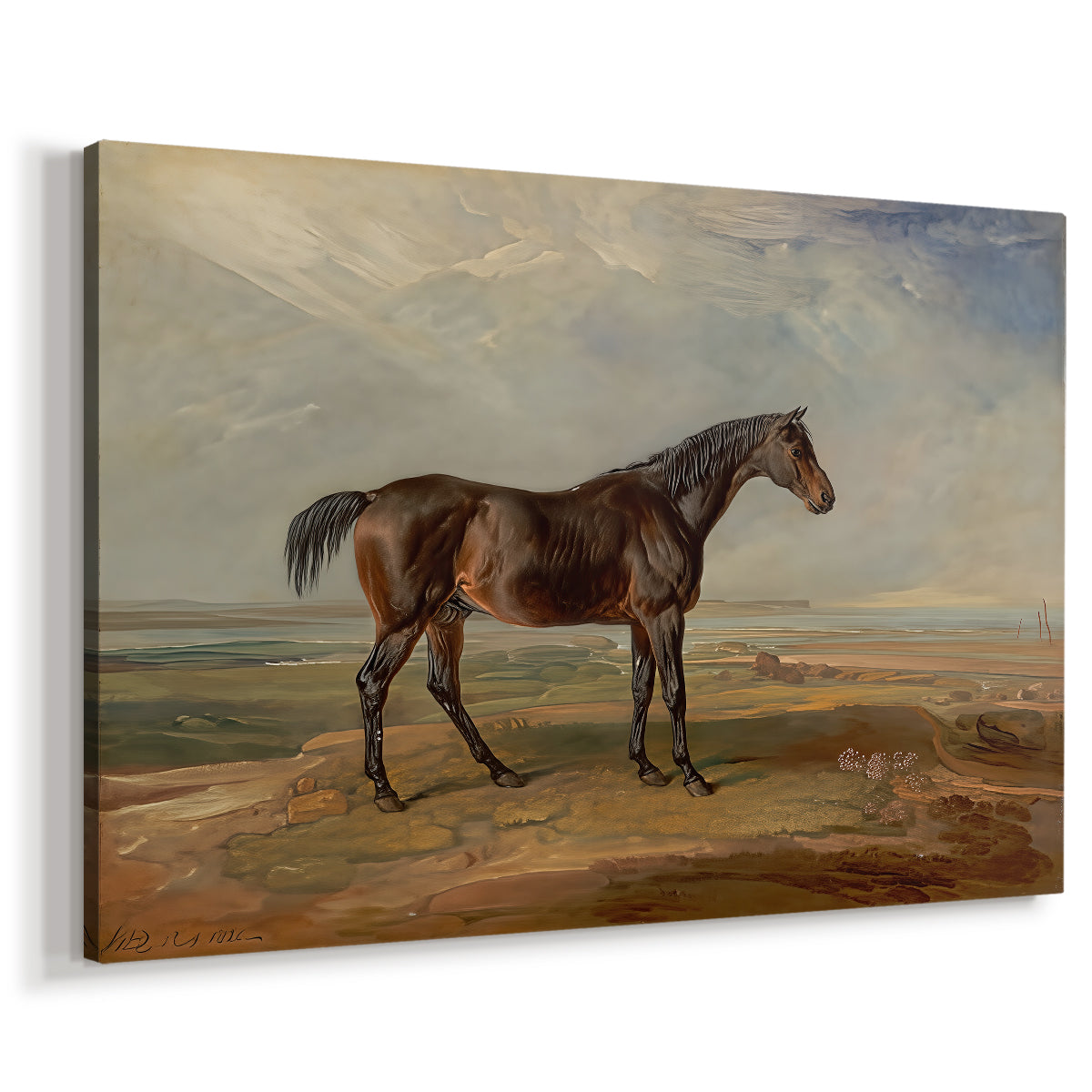 Canvas art print featuring a detailed horse portrait with estuary visible in background, displayed at an angle