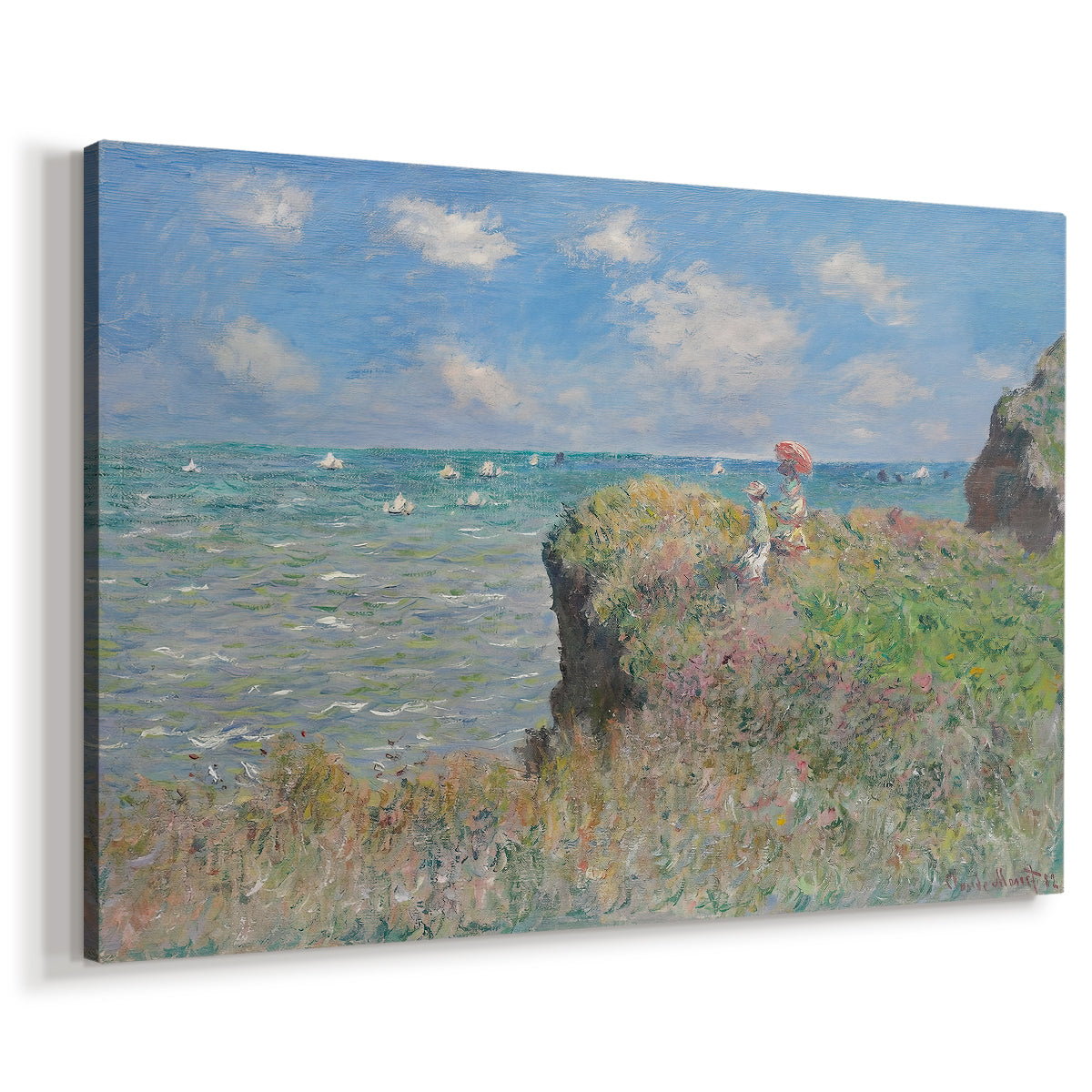 Canvas art print featuring an impressionist seaside landscape with people strolling above water, displayed at an angle